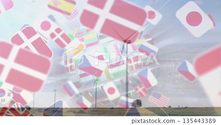 Spinning wind turbine rotating blades on grassy plain, blending global flag graphics, copy space Spinning wind turbine rotating blades on grassy plain, blending global flag graphics, copy space 135443389
