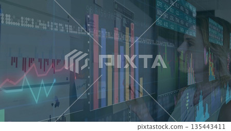 Analyzing bar charts and line graphs on display wall, analyst wearing blazer at office, copy space 135443411