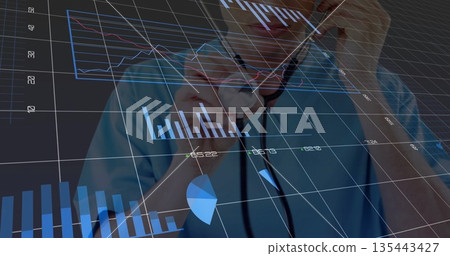 Doctor wearing blue scrubs pressing stethoscope head against chest in grid space, hologram charts Doctor wearing blue scrubs pressing stethoscope head against chest in grid space, hologram charts 135443427