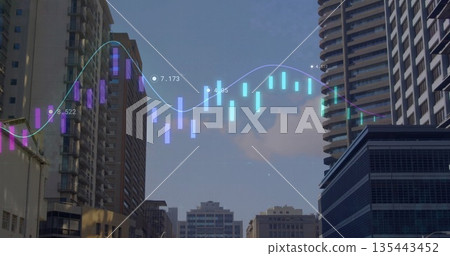 Displaying translucent candlesticks and glowing graph overlay with numeric labels over urban canyon 135443452