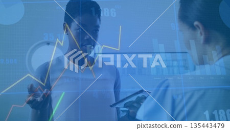Clinician and patient discussing health data in medical office, with tablet showing floating charts Clinician and patient discussing health data in medical office, with tablet showing floating charts 135443479