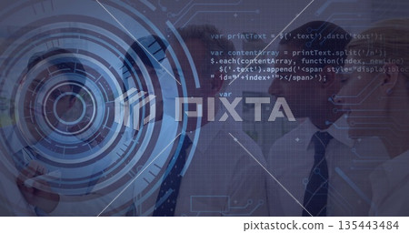 Discussing data, five executives in suits pointing at hologram in boardroom, with tablet device Discussing data, five executives in suits pointing at hologram in boardroom, with tablet device 135443484