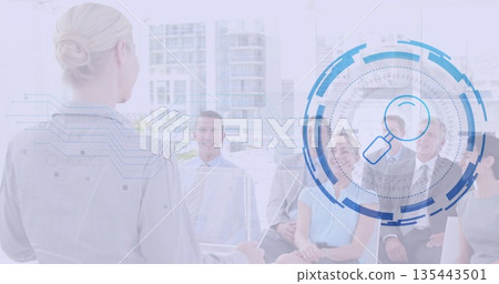 Presenting trainer holding tablet leading team seated in boardroom with digital overlay, copy space Presenting trainer holding tablet leading team seated in boardroom with digital overlay, copy space 135443501