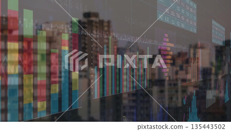 Displaying translucent overlay floating over city skyline with bar, line and histogram charts Displaying translucent overlay floating over city skyline with bar, line and histogram charts 135443502