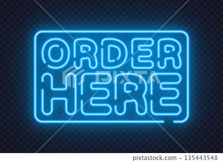 Neon Order Here sign highlights food service and retail direction. Clean glowing letters work well for cafes, restaurants, or delivery concepts. Neon Order Here sign highlights food service and retail direction. Clean glowing letters work well for cafes, restaurants, or delivery concepts. 135443548