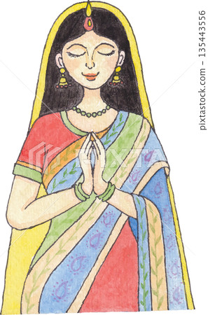 Watercolor painting of a woman wearing Indian attire. 135443556