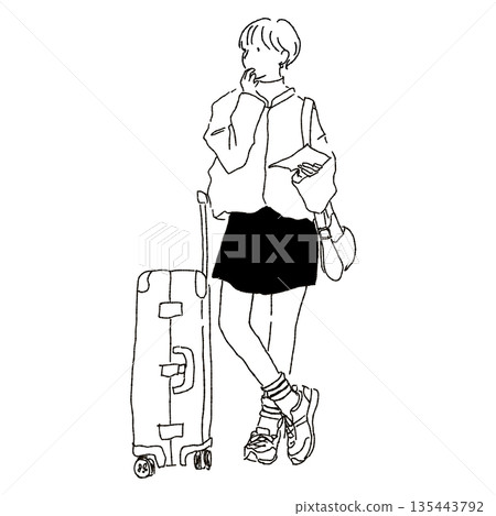 Monochrome line fashion illustration: Travel style of a woman with a suitcase 135443792