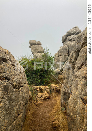 A mystical morning walk through the rocky landscapes of Torcal de Antequera in Andalusia, Spain, as soft mist drifts under the gentle rays of the sun. 135443936