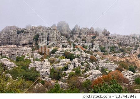 A mystical morning walk through the rocky landscapes of Torcal de Antequera in Andalusia, Spain, as soft mist drifts under the gentle rays of the sun. A mystical morning walk through the rocky landscapes of Torcal de Antequera in Andalusia, Spain, as soft mist drifts under the gentle rays of the sun. 135443942