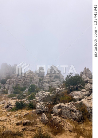 A mystical morning walk through the rocky landscapes of Torcal de Antequera in Andalusia, Spain, as soft mist drifts under the gentle rays of the sun. A mystical morning walk through the rocky landscapes of Torcal de Antequera in Andalusia, Spain, as soft mist drifts under the gentle rays of the sun. 135443943