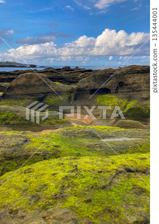 Wonderful view of the calm sea from the promenade in Santander, Spain, with soft waves and a peaceful coastal atmosphere. 135444001