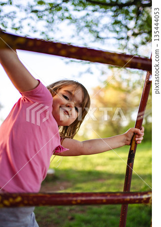 Joyful child playing on playground equipment in a sunny garden 135444053