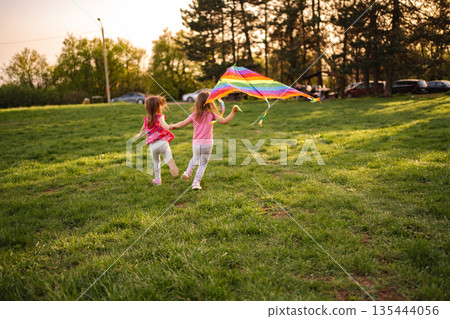 Joyful children flying a colorful kite on a sunny afternoon 135444056