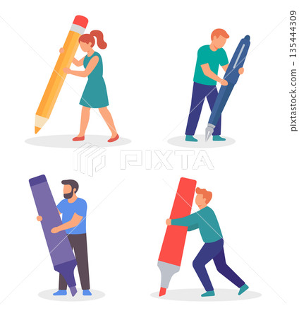 Set of four characters holding oversized pens, pencils, and markers. Flat vector cartoon illustrations for teamwork, education, and creativity themes. Set of four characters holding oversized pens, pencils, and markers. Flat vector cartoon illustrations for teamwork, education, and creativity themes. 135444309