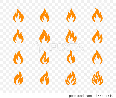 Set of 16 orange flame icons isolated on transparent background. Vector fire silhouettes for energy, hot product and hazard safety design 135444310