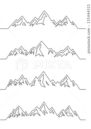 Minimalist mountain range line art vector. Contour illustration for trekking, outdoor adventure, climbing and eco travel projects Minimalist mountain range line art vector. Contour illustration for trekking, outdoor adventure, climbing and eco travel projects 135444315