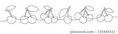 Continuous line cherry pattern design with multiple fruits and leaves. Minimal one line outline illustration for food decor and botanical projects Continuous line cherry pattern design with multiple fruits and leaves. Minimal one line outline illustration for food decor and botanical projects 135444331
