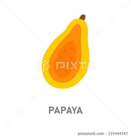 Papaya tropical fruit. Cut half icon with seeds isolated on white background for food designs Papaya tropical fruit. Cut half icon with seeds isolated on white background for food designs 135444347