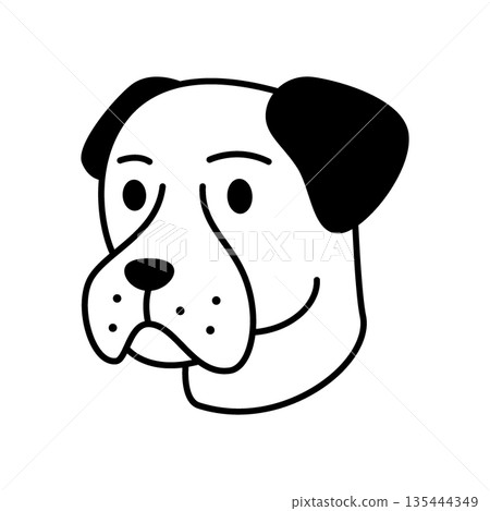 Boxer dog face cartoon with wrinkled muzzle and dark ears. Vector outline pet head 135444349