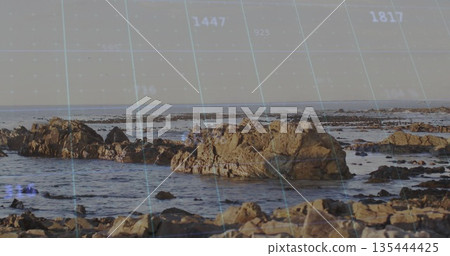 Displaying rocks rising from rocky seashore with tide pools, grid, numeric coordinates 135444425