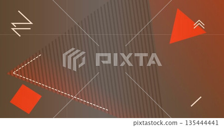Showing translucent striped triangle over digital gradient with red shapes, white lines and arrows Showing translucent striped triangle over digital gradient with red shapes, white lines and arrows 135444441
