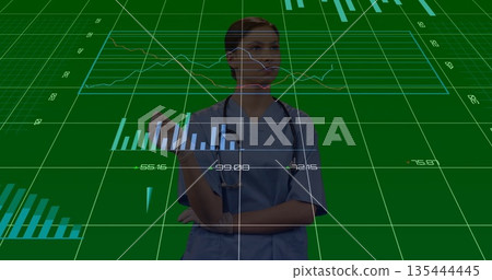 Analyzing teenage nurse in blue scrubs and stethoscope studying green grid interface with charts Analyzing teenage nurse in blue scrubs and stethoscope studying green grid interface with charts 135444445