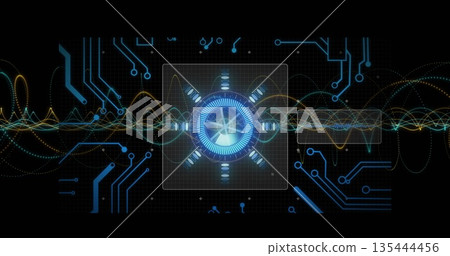 Showing glowing blue hub on grid UI with translucent square overlay, waveforms, circuits and icons Showing glowing blue hub on grid UI with translucent square overlay, waveforms, circuits and icons 135444456