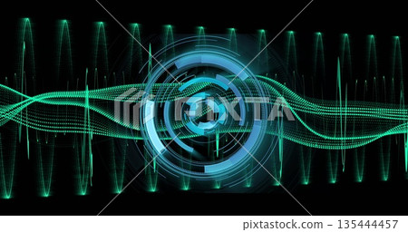 Circular digital interface glowing and pulsing in digital dashboard, with neon waveform patterns Circular digital interface glowing and pulsing in digital dashboard, with neon waveform patterns 135444457
