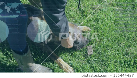 Kneeling handler holding large dog head on grassy field, with training toy and rubber boots Kneeling handler holding large dog head on grassy field, with training toy and rubber boots 135444487