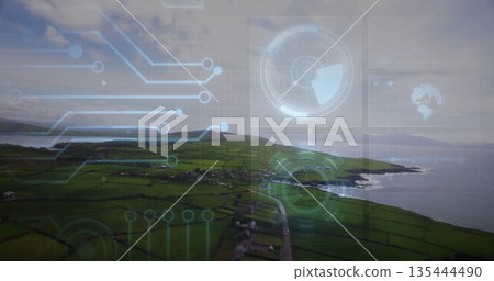 Displaying HUD graphics over green agricultural peninsula road with stone walls, rocky shoreline Displaying HUD graphics over green agricultural peninsula road with stone walls, rocky shoreline 135444490