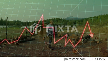 Farmer in plaid shirt feeding chickens and pigs in dirt farmyard, with red chart grid overlay 135444597