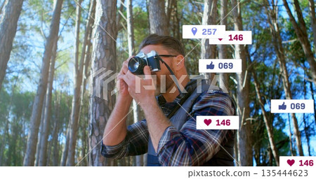 Holding film camera to eye, photographer in plaid shirt in pine forest, with floating social icons Holding film camera to eye, photographer in plaid shirt in pine forest, with floating social icons 135444623