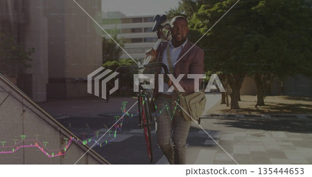 Walking business-casual man carrying road bicycle with messenger bag up concrete stairs in plaza Walking business-casual man carrying road bicycle with messenger bag up concrete stairs in plaza 135444653