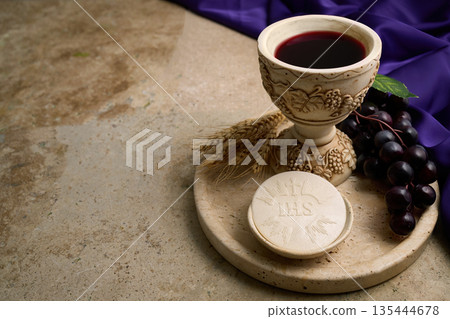 Holy communion elements representing religious faith and christian tradition 135444678