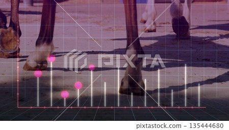 Hooves moving on sandy track with hoof prints, 3D grid, red line, white spikes, magenta markers 135444680