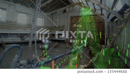 Pecking flock of chickens navigating feed pipes and hose at poultry barn, with sensor data overlay Pecking flock of chickens navigating feed pipes and hose at poultry barn, with sensor data overlay 135444688
