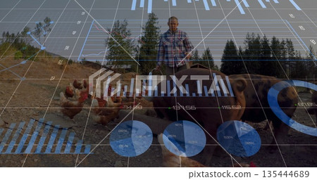 Holding metal bucket, farmer wearing plaid shirt feeding chickens and pigs at farm with charts Holding metal bucket, farmer wearing plaid shirt feeding chickens and pigs at farm with charts 135444689
