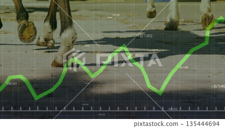 Galloping horse hooves kicking dirt on outdoor racing track, with green line graph grid and shadows 135444694