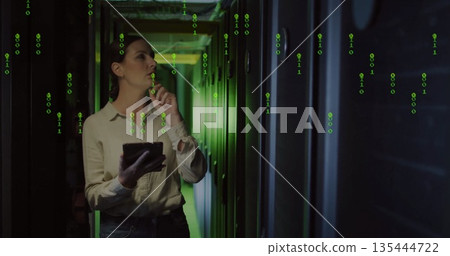 Analyzing IT engineer in jeans holding tablet in server corridor, with racks cables binary overlay 135444722