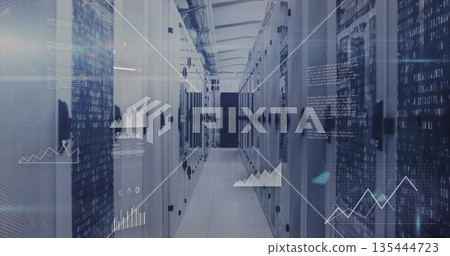 Showing server rack aisle running through data center, with blinking LEDs and digital overlays 135444723