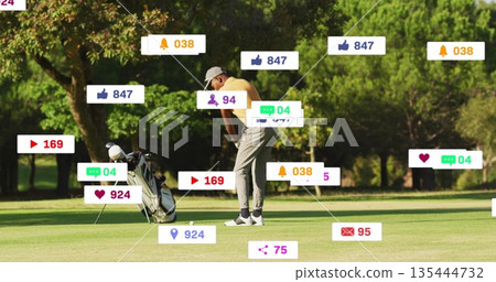 Aligning golfer in yellow polo shirt lining up putt on golf green, with social media overlays Aligning golfer in yellow polo shirt lining up putt on golf green, with social media overlays 135444732