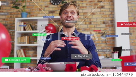Streaming man presenting live at home studio, with red balloons, gift boxes, UI labels Streaming man presenting live at home studio, with red balloons, gift boxes, UI labels 135444779