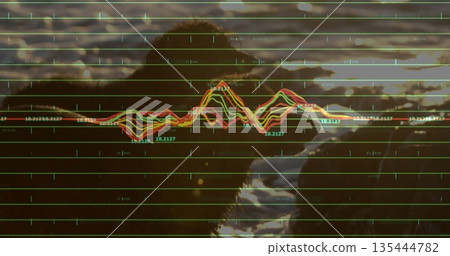 Swimming beaver silhouette crossing rippling water at sunset, with green grid and colored waveforms Swimming beaver silhouette crossing rippling water at sunset, with green grid and colored waveforms 135444782