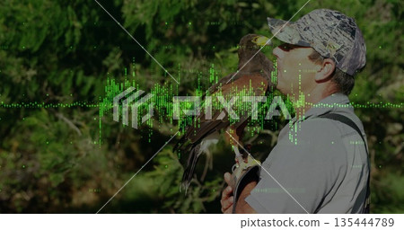 Holding falconer with camouflage cap gripping hawk on glove in forest with waveform, copy space Holding falconer with camouflage cap gripping hawk on glove in forest with waveform, copy space 135444789
