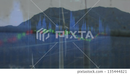 Displaying financial chart overlay over lakeside water, with grid, candlestick bars, histogram 135444821
