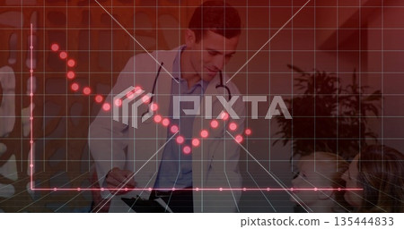 Consulting doctor wearing lab coat holding clipboard and pen in clinic, with family and red grid 135444833