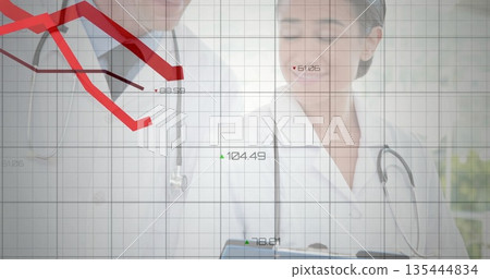 Analyzing doctors reviewing metrics on digital tablet in clinic, with stethoscopes and grid overlay 135444834
