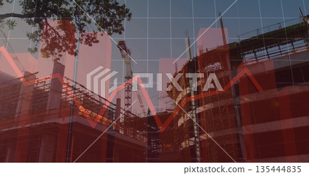 Rising concrete structure at construction site, with scaffolding, tower crane and red data charts 135444835
