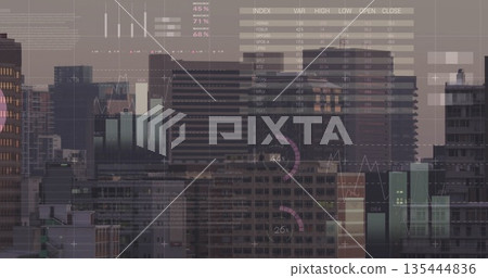 Showing data displays overlaying city skyline in downtown district, featuring skyscraper clusters 135444836
