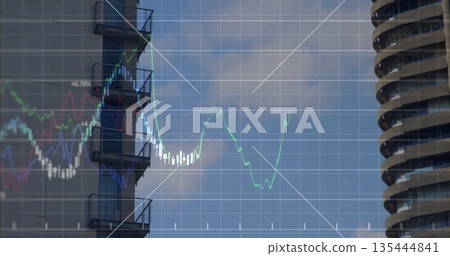 Displaying financial line chart overlaying skyline, with metal staircases and colored line graphs Displaying financial line chart overlaying skyline, with metal staircases and colored line graphs 135444841